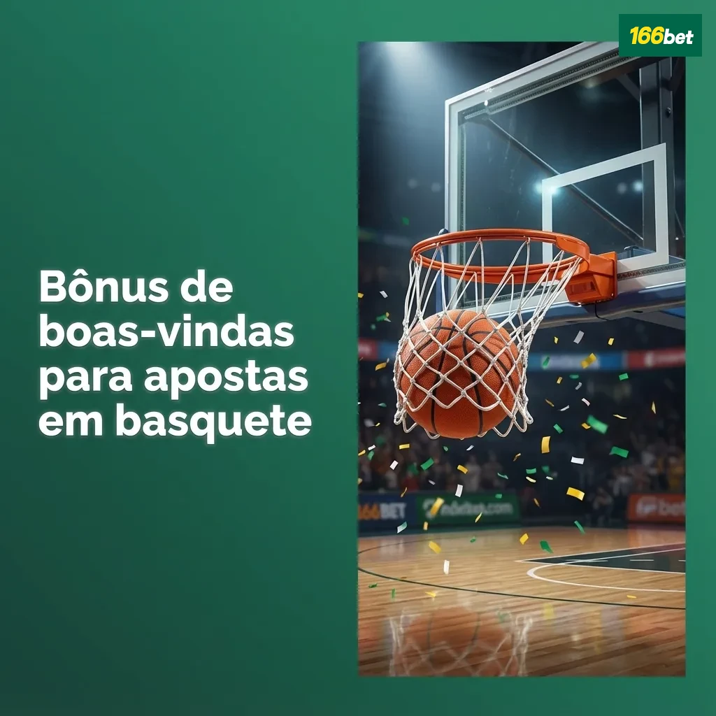 Banner da 166bet destacando bônus de boas-vindas para apostas em basquete, com bola e quadra ao fundo