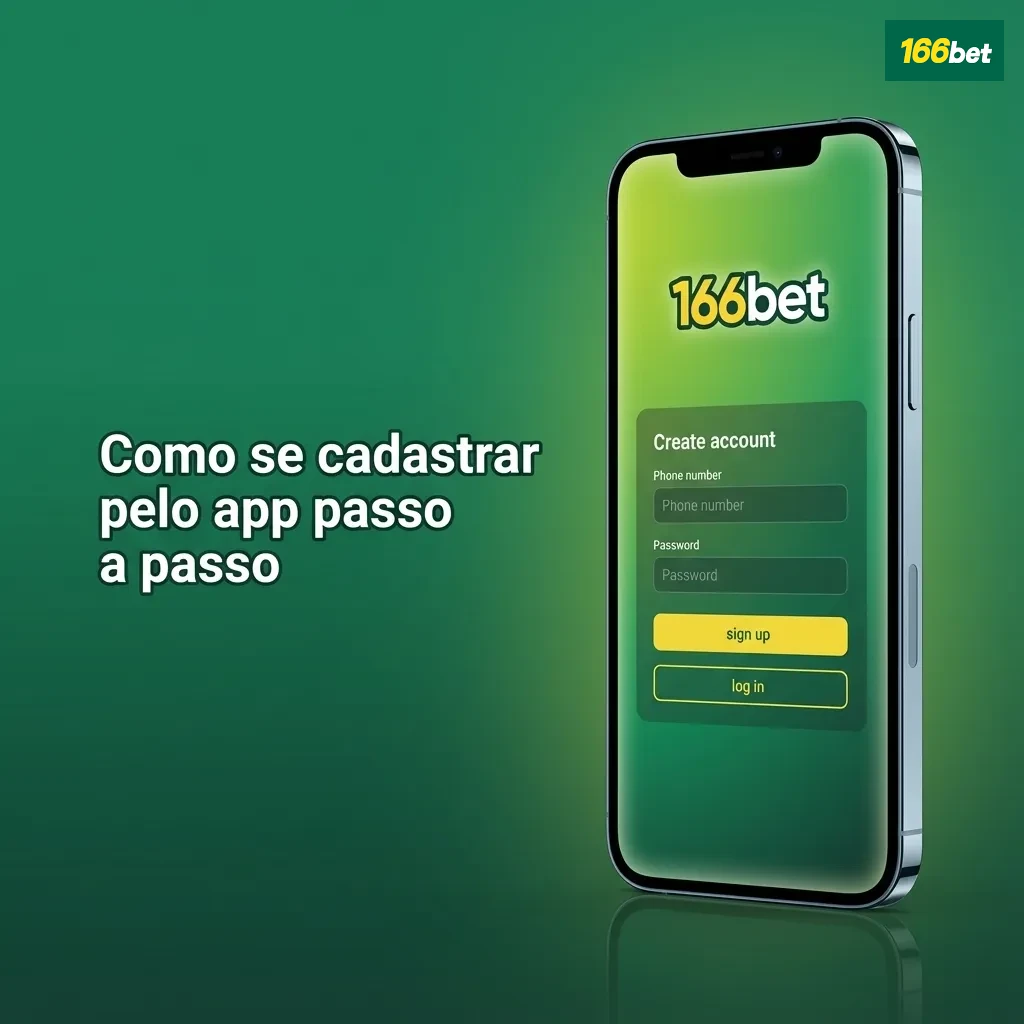Tela de smartphone exibindo passo a passo de cadastro no app 166bet, com campos de e-mail, senha e dados pessoais.