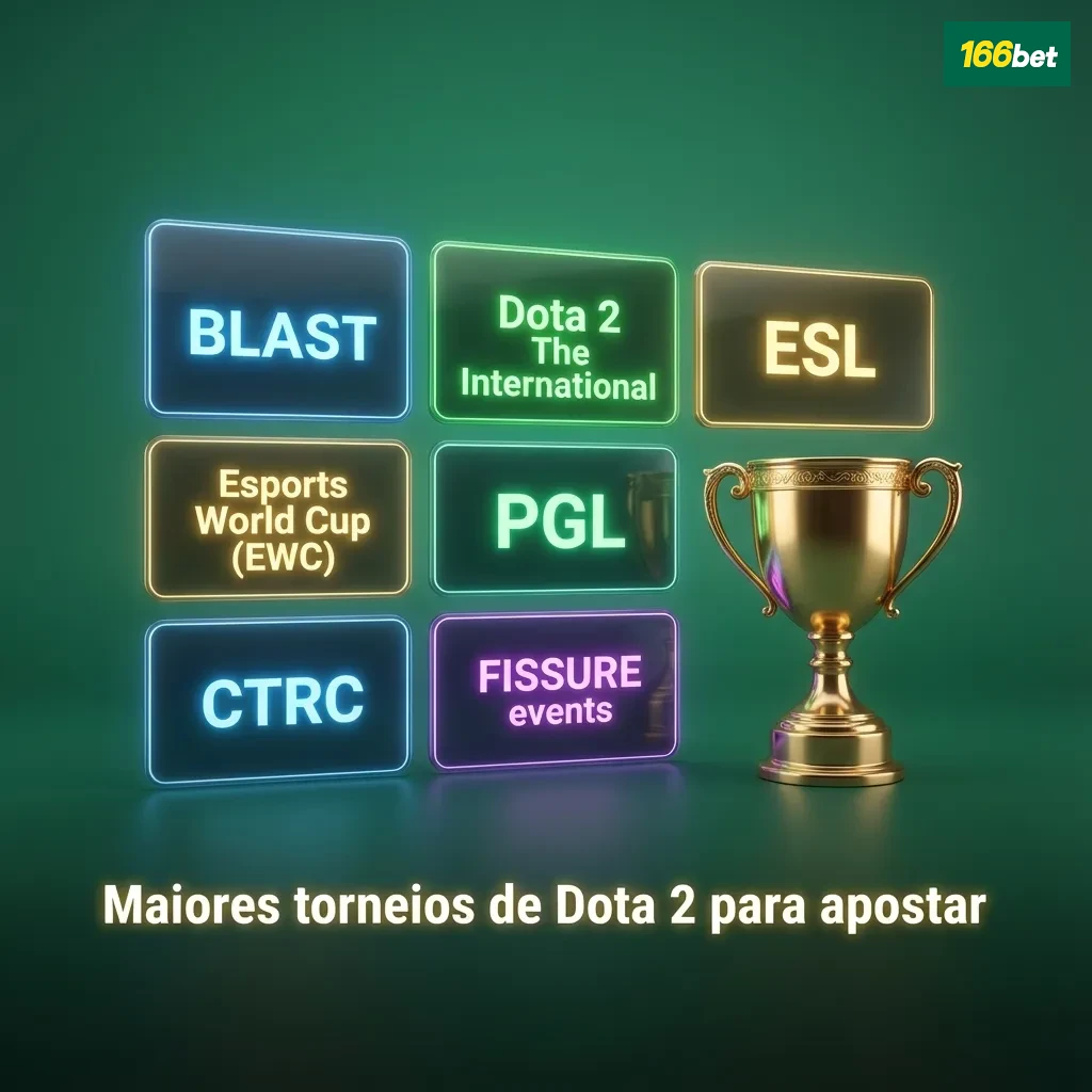 Banner de apostas em Dota 2 destacando grandes torneios como The International, ESL, BLAST e PGL