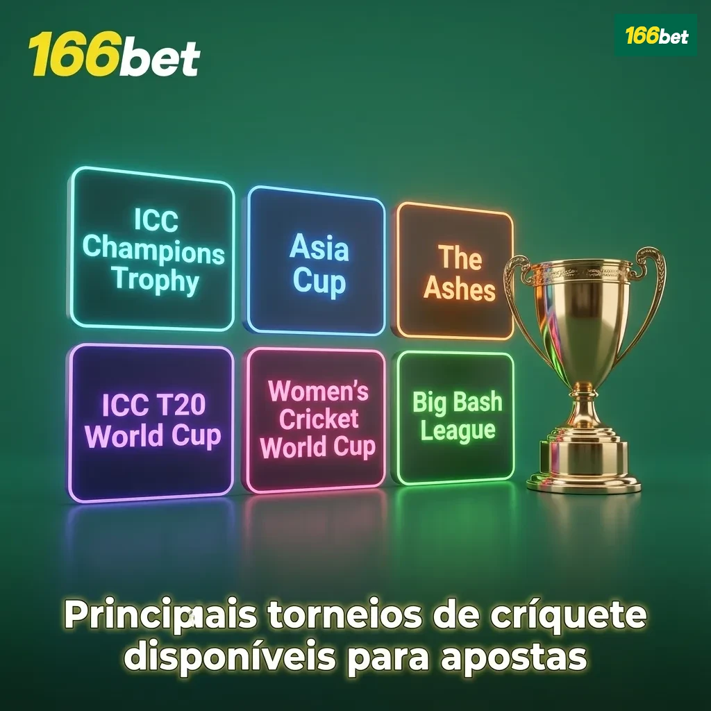 Ilustração de campo de críquete com jogadores e ícones de apostas esportivas destacando torneios mundiais e ligas T20