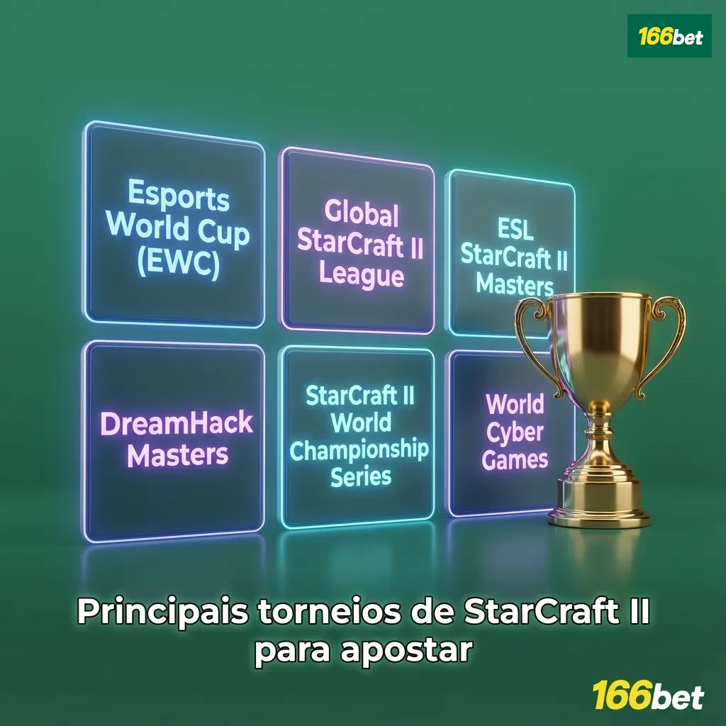 Tela de torneio de StarCraft II com jogadores profissionais em palco e logotipos de principais ligas de esports
