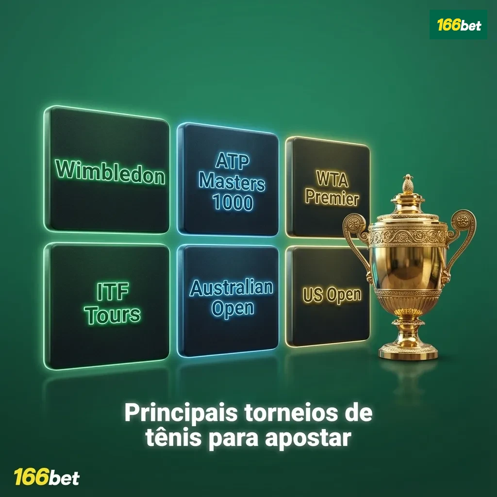 Quadra de tênis com ícones de Grand Slams, ATP, WTA e Copa Davis, simbolizando torneios para apostar ao longo do ano