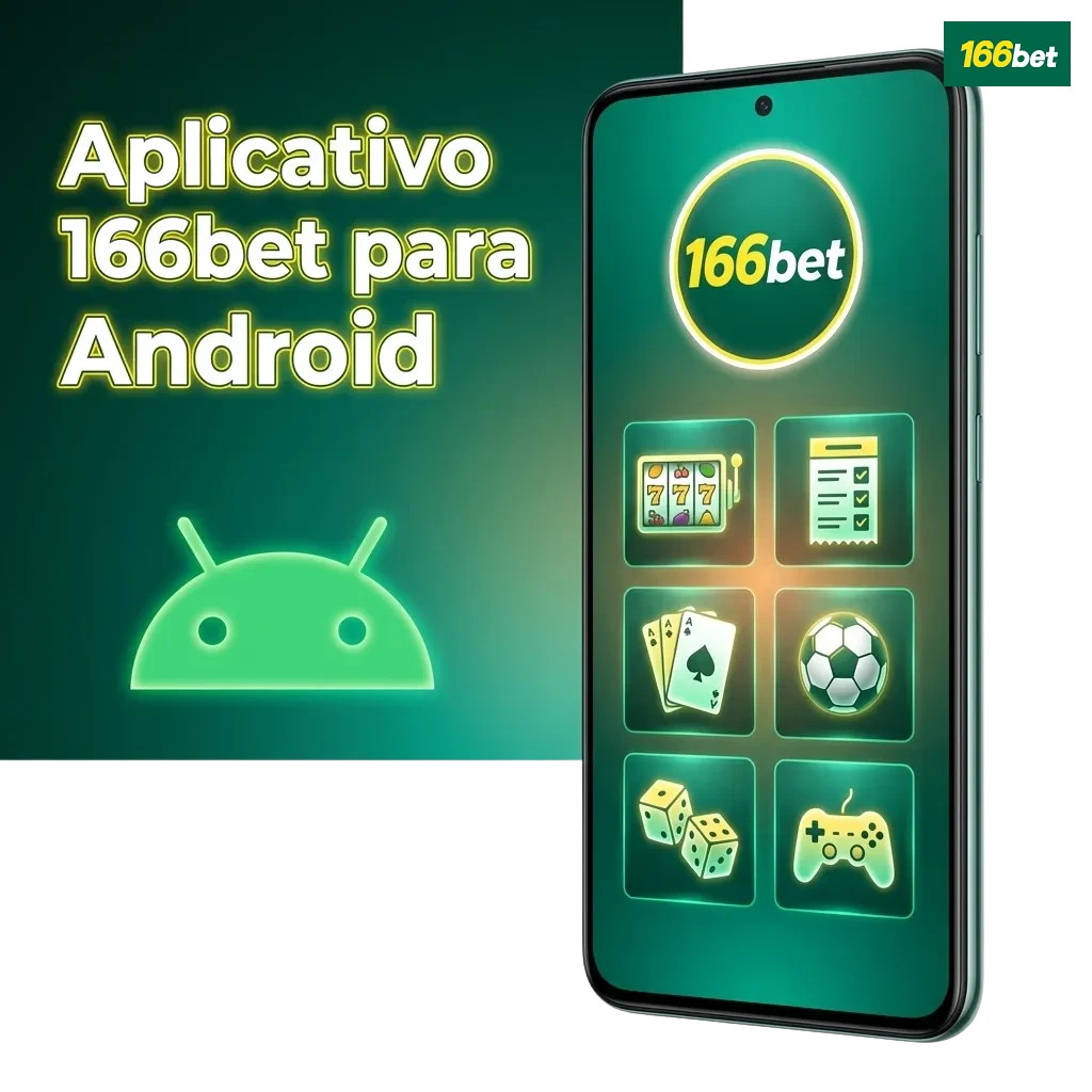 Tela de smartphone exibindo o aplicativo 166bet para Android, com ícones de apostas esportivas, cassino, bônus e pagamentos