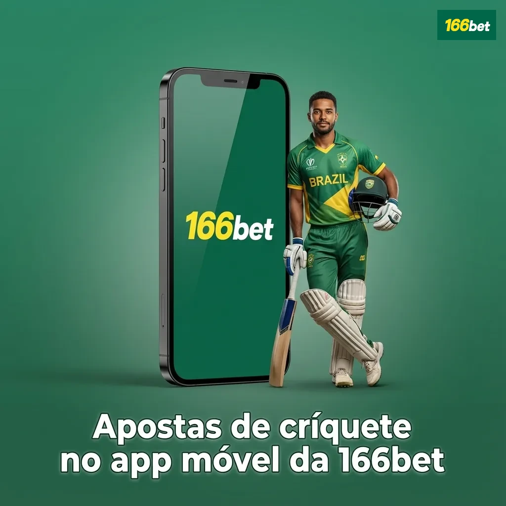 Tela de celular exibindo app 166bet em português com opções de apostas em críquete e botões grandes para apostar