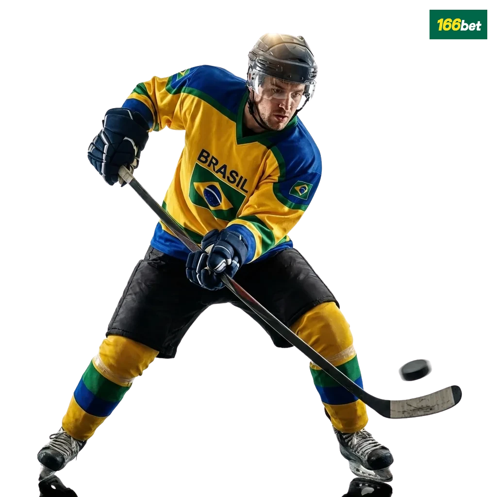 Banner da 166bet Brasil com jogadores de hóquei no gelo em ação e destaque para apostas online ao vivo