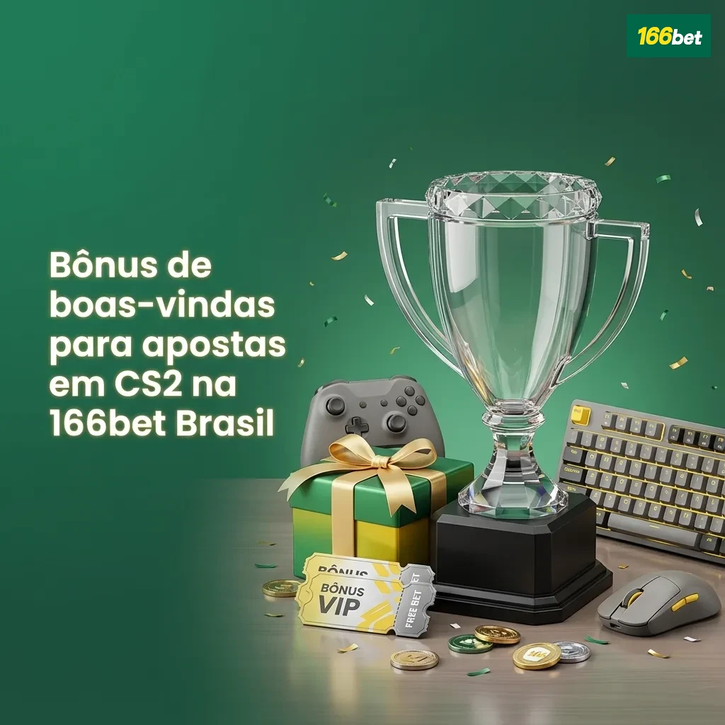 Banner da 166bet Brasil destacando bônus de boas-vindas para apostas em CS2 e rodadas grátis em slots