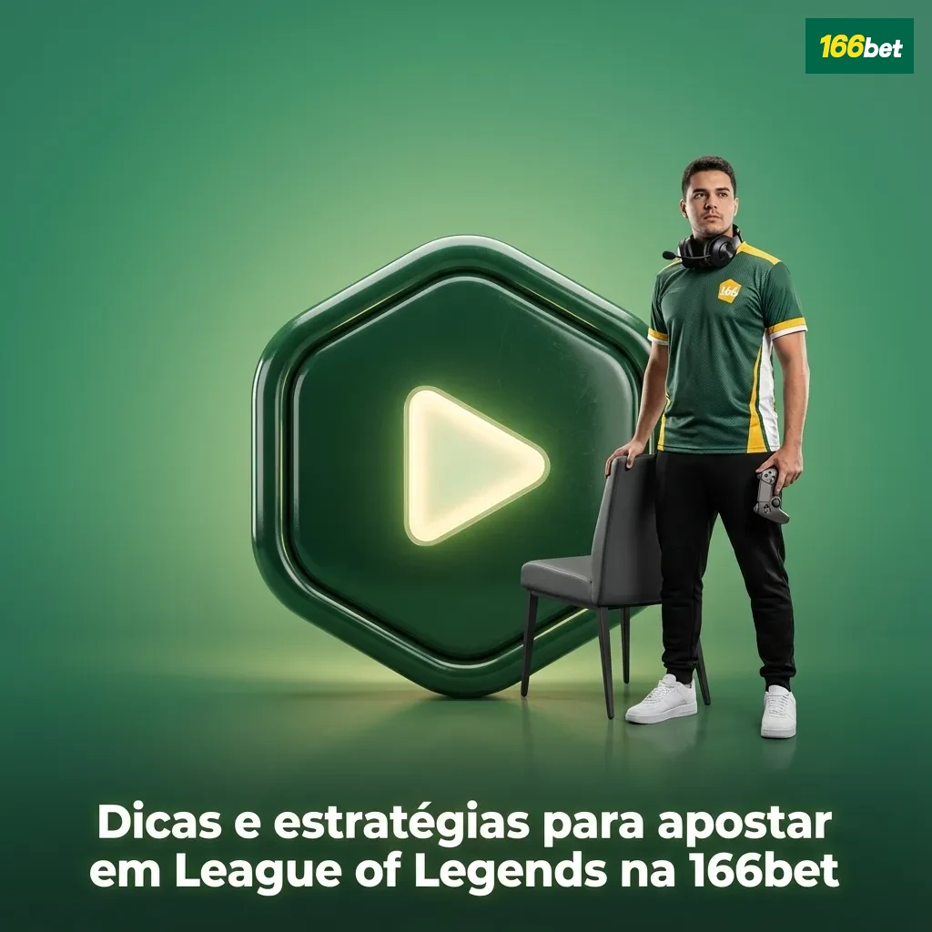 Banner da 166bet com jogador de League of Legends em ação e texto sobre dicas e estratégias de apostas em LoL
