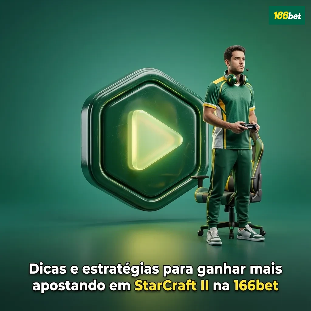 Tela da 166bet com jogo de StarCraft II e apostador analisando estatísticas e odds no notebook
