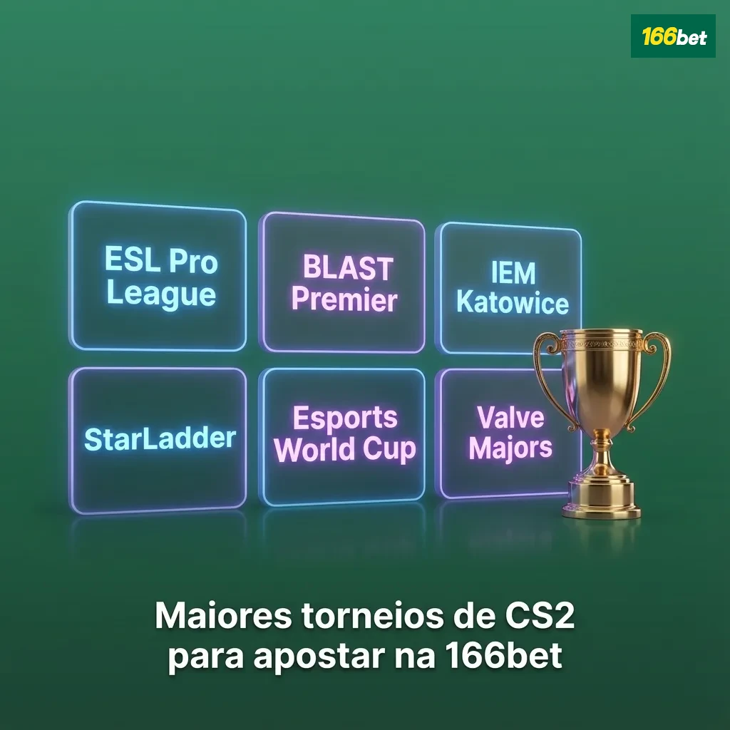 Banner de apostas CS2 na 166bet com times profissionais em arena e logotipos de grandes torneios internacionais