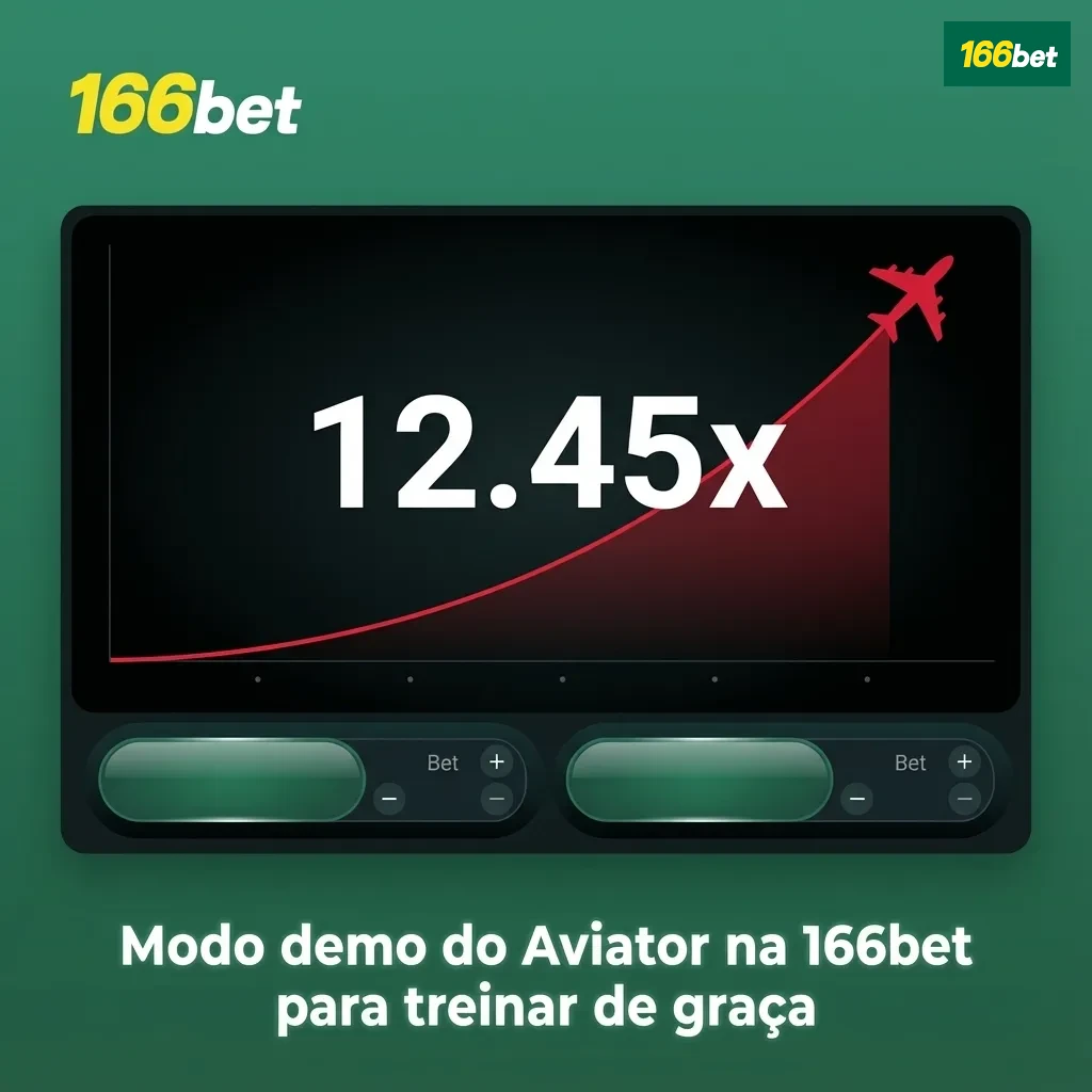 Tela do jogo Aviator em modo demo na 166bet, com avião subindo, multiplicador e painel de apostas com saldo virtual