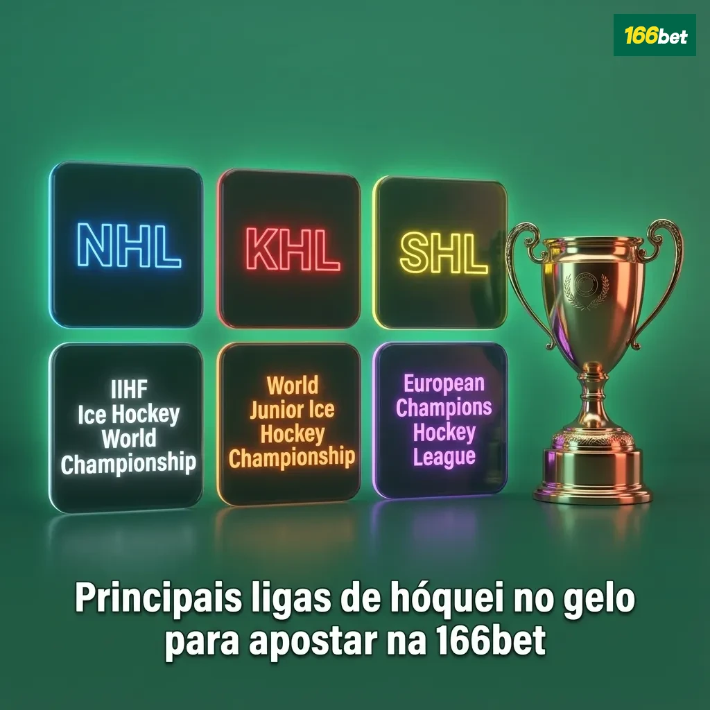 Banner da 166bet com jogador de hóquei no gelo em ação e logos de ligas internacionais para apostas