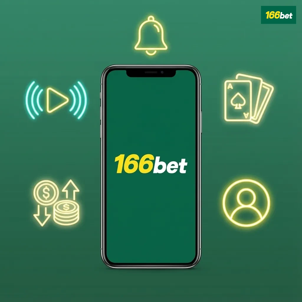 Tela de smartphone exibindo o app 166bet com apostas esportivas, cassino, depósitos e saques em uma interface única