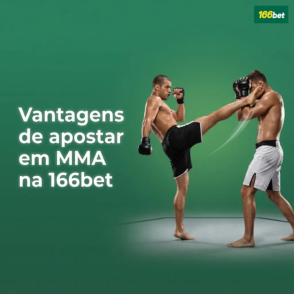 Banner da 166bet destacando vantagens de apostar em MMA, com lutadores em ação e lista de benefícios em português
