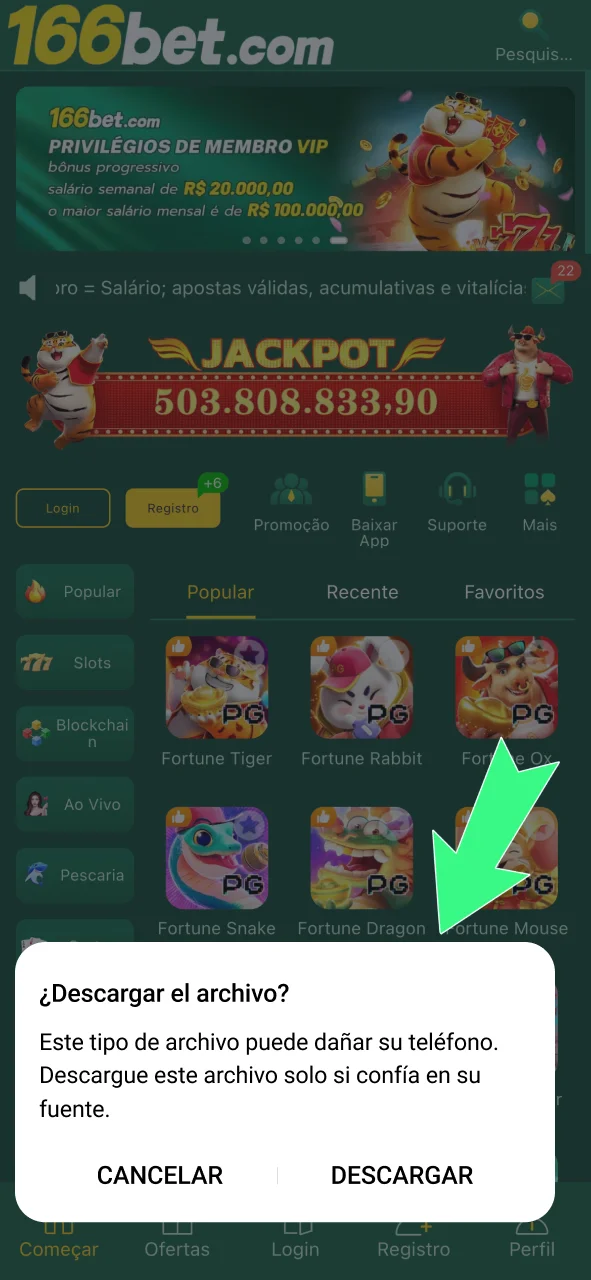 Confirme o download do APK 166bet na tela e continue a instalação.
