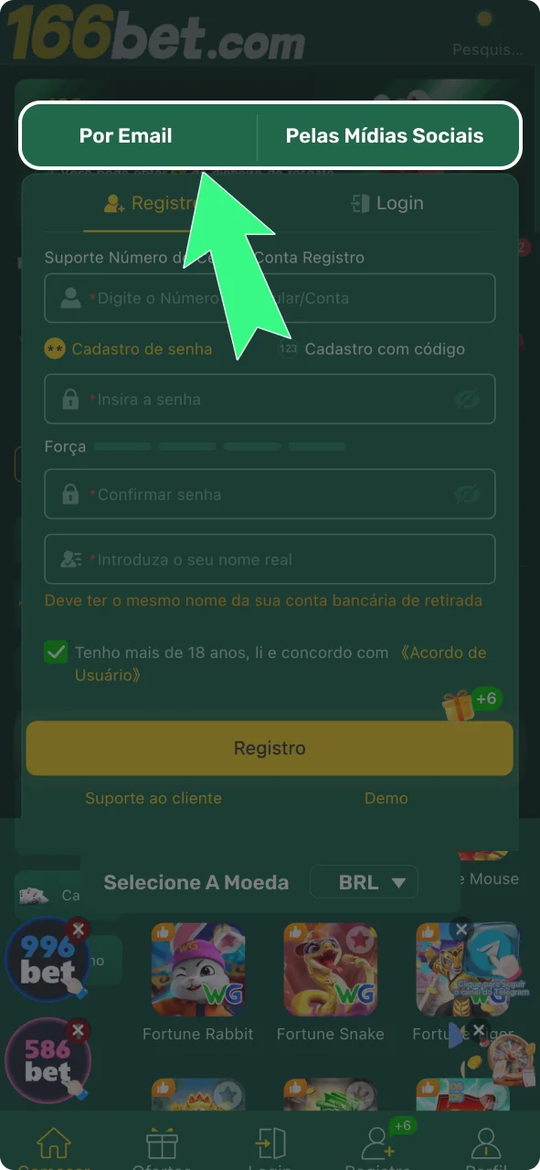 Escolha o método de registro no app 166bet e crie sua conta.