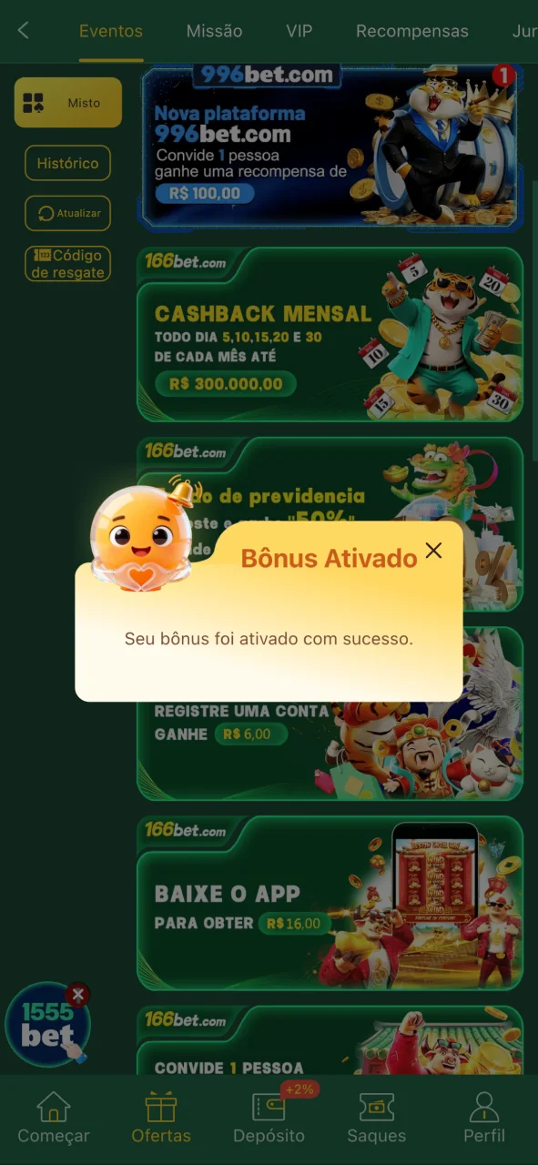 Ative o bônus da 166bet aceitando os termos da promoção.