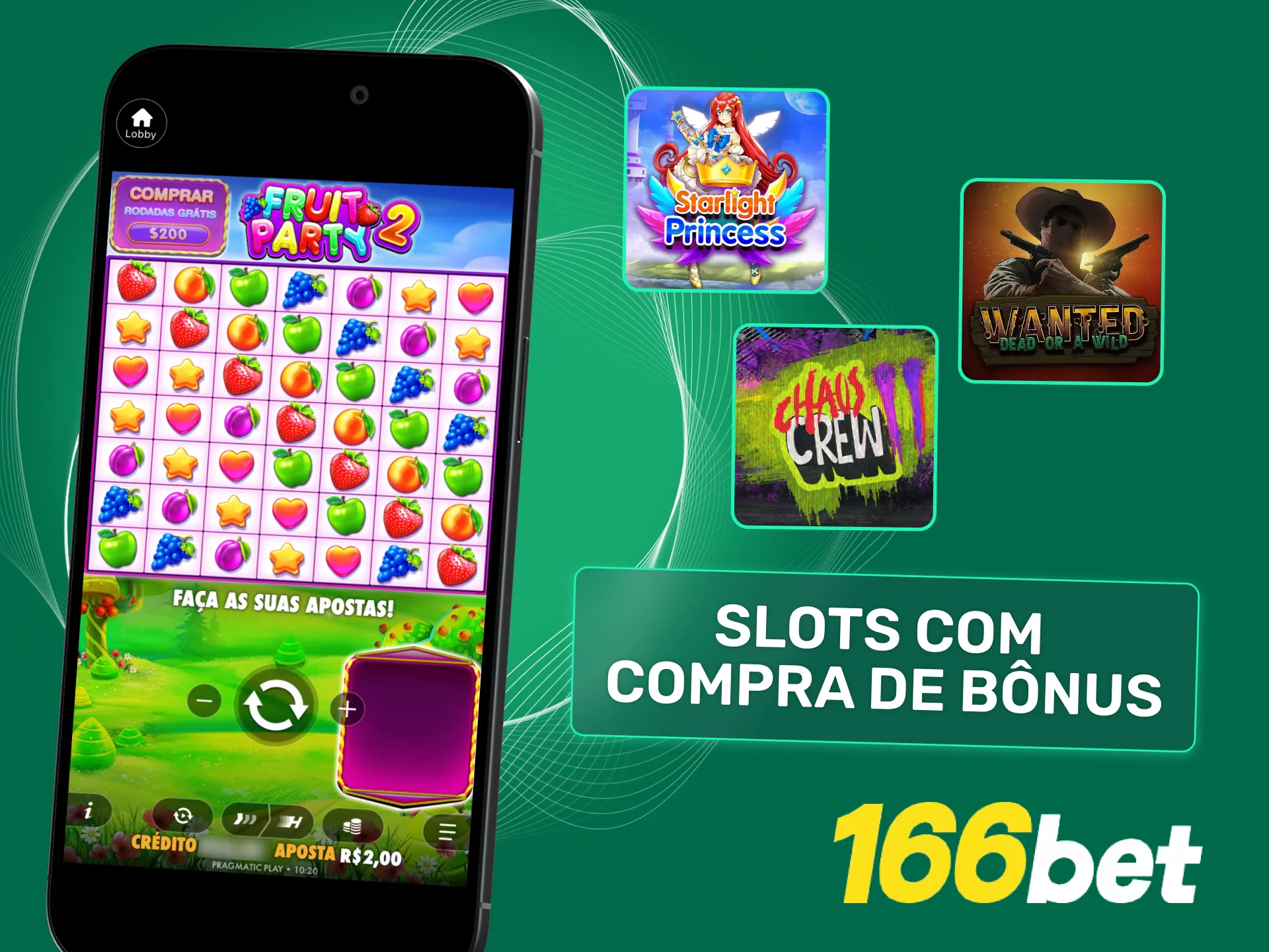 Compre bônus nos slots da 166bet e vá direto para as rodadas grátis.