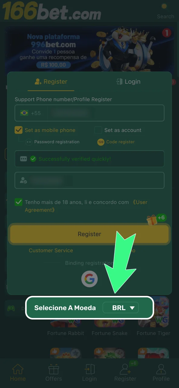 Defina a moeda BRL na 166bet e aceite os termos para continuar.