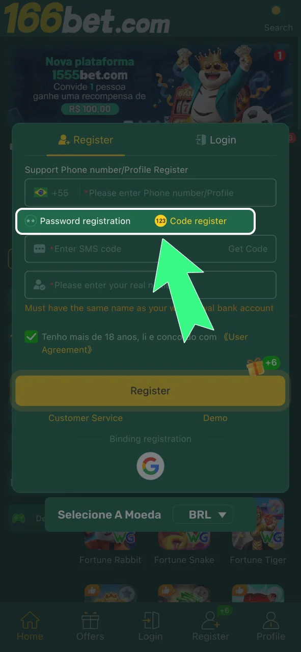 Selecione o tipo de cadastro na 166bet e avance para criar sua conta.