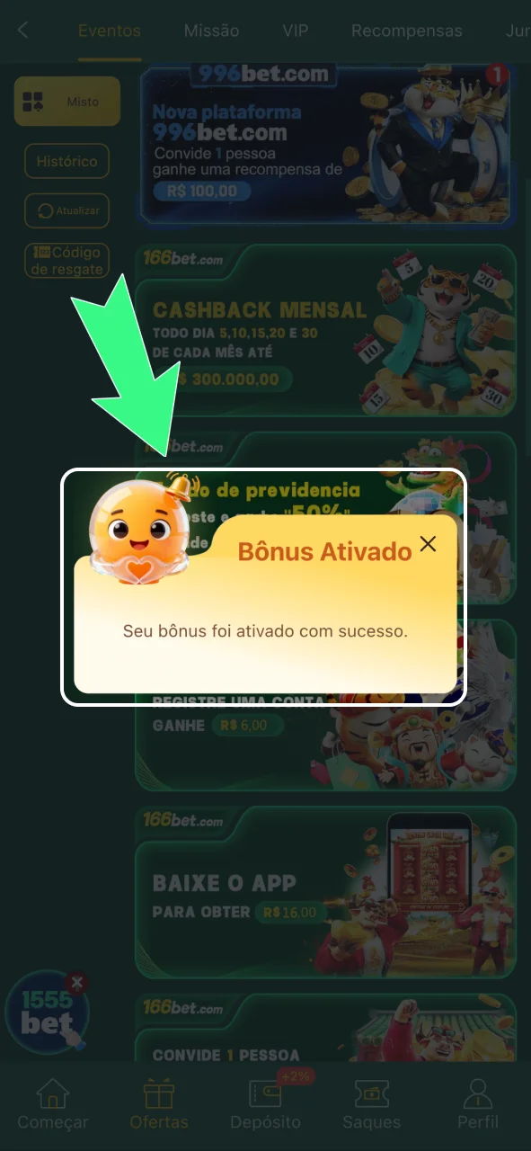 Ative o bônus de boas-vindas de cassino na 166bet antes de concluir o depósito.