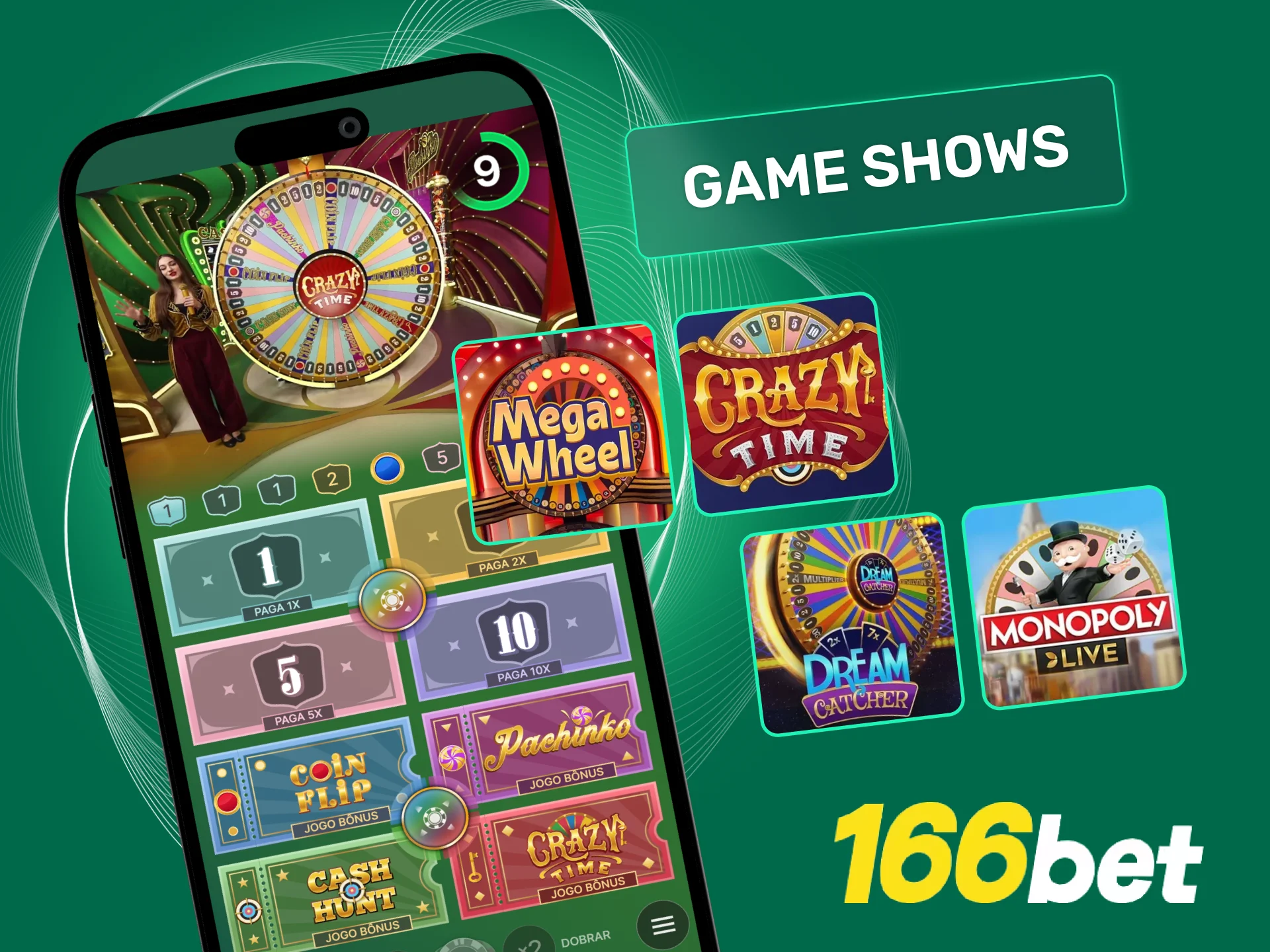 Divirta-se com game shows como Mega Wheel e Crazy Time no cassino 166bet.