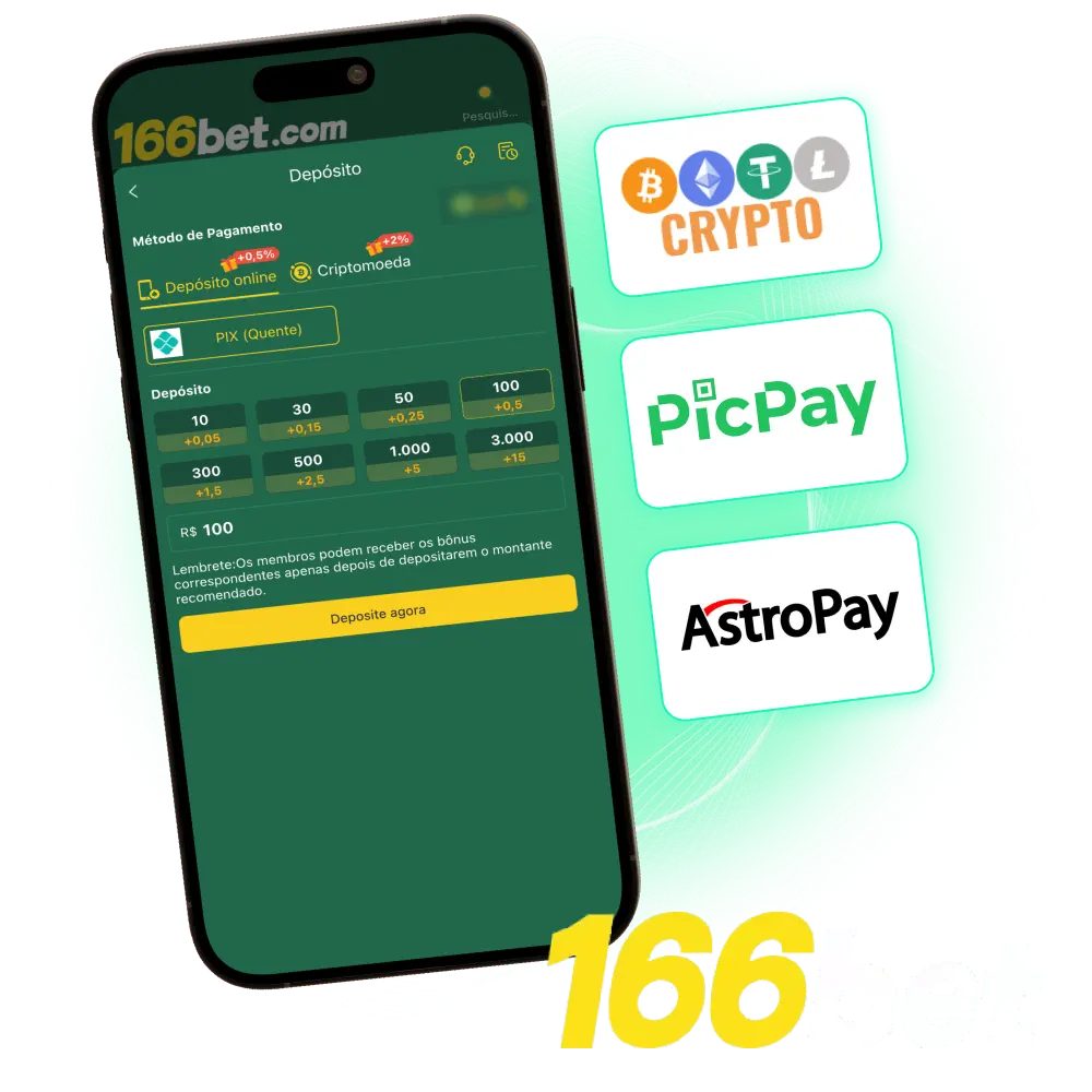 Deposite no site e no app da 166bet com Pix, PicPay e cripto no Brasil.