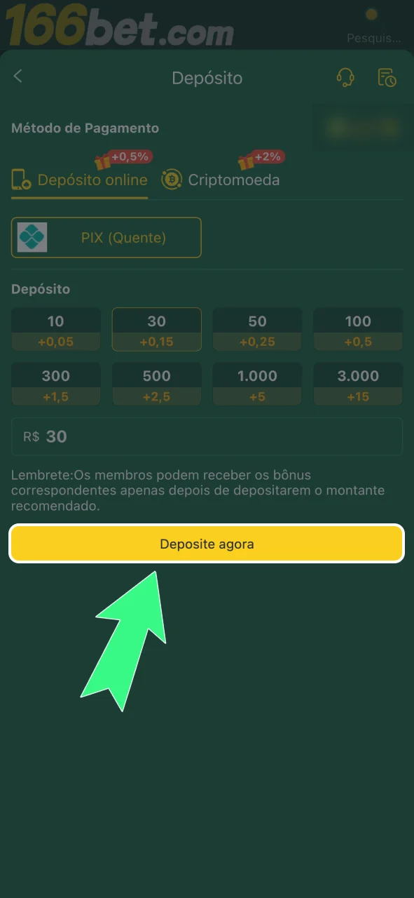 Conclua o pagamento na 166bet e aguarde a confirmação do saldo.