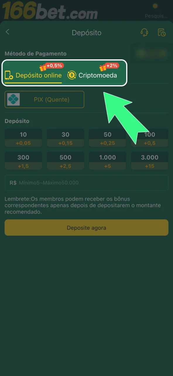 Selecione o método de pagamento ideal na 166bet e continue o depósito.