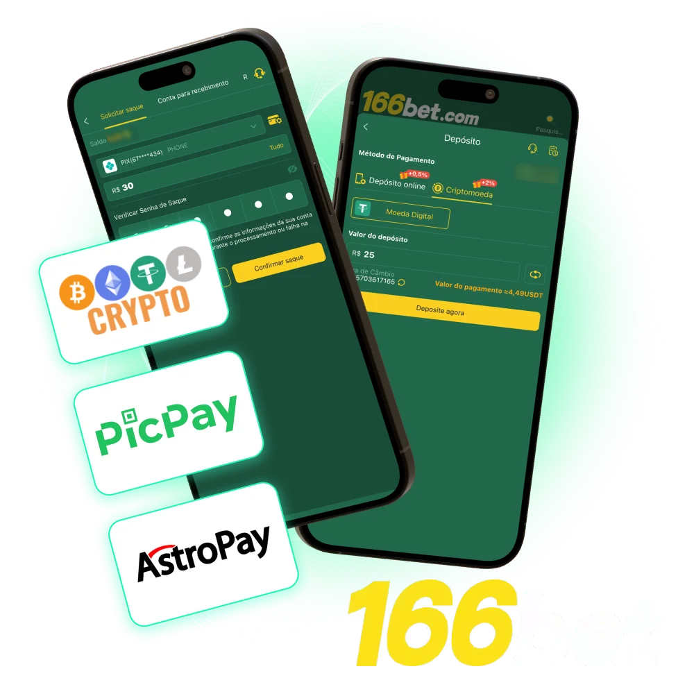 Faça depósitos e saques na 166bet em reais com Pix, PicPay e criptomoedas.