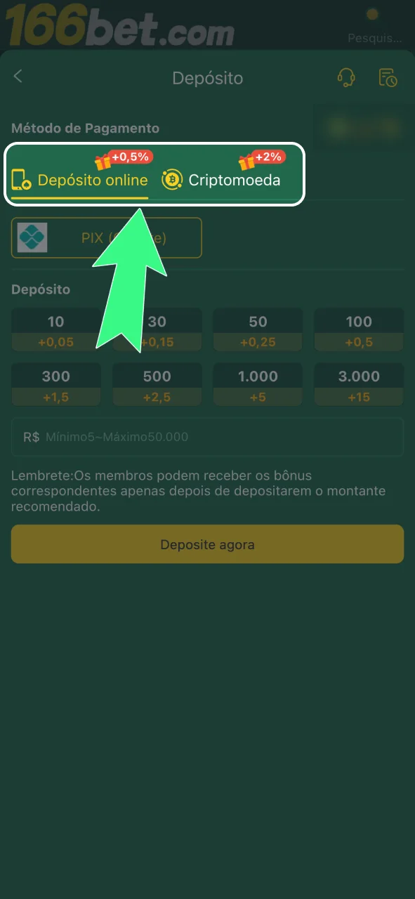 Defina o método de depósito no cassino 166bet e confira o valor disponível antes de continuar.