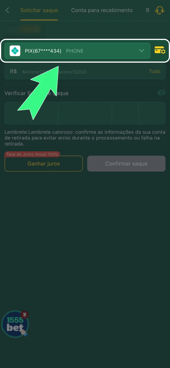 Selecione o método disponível no cassino 166bet e digite o valor do saque desejado.