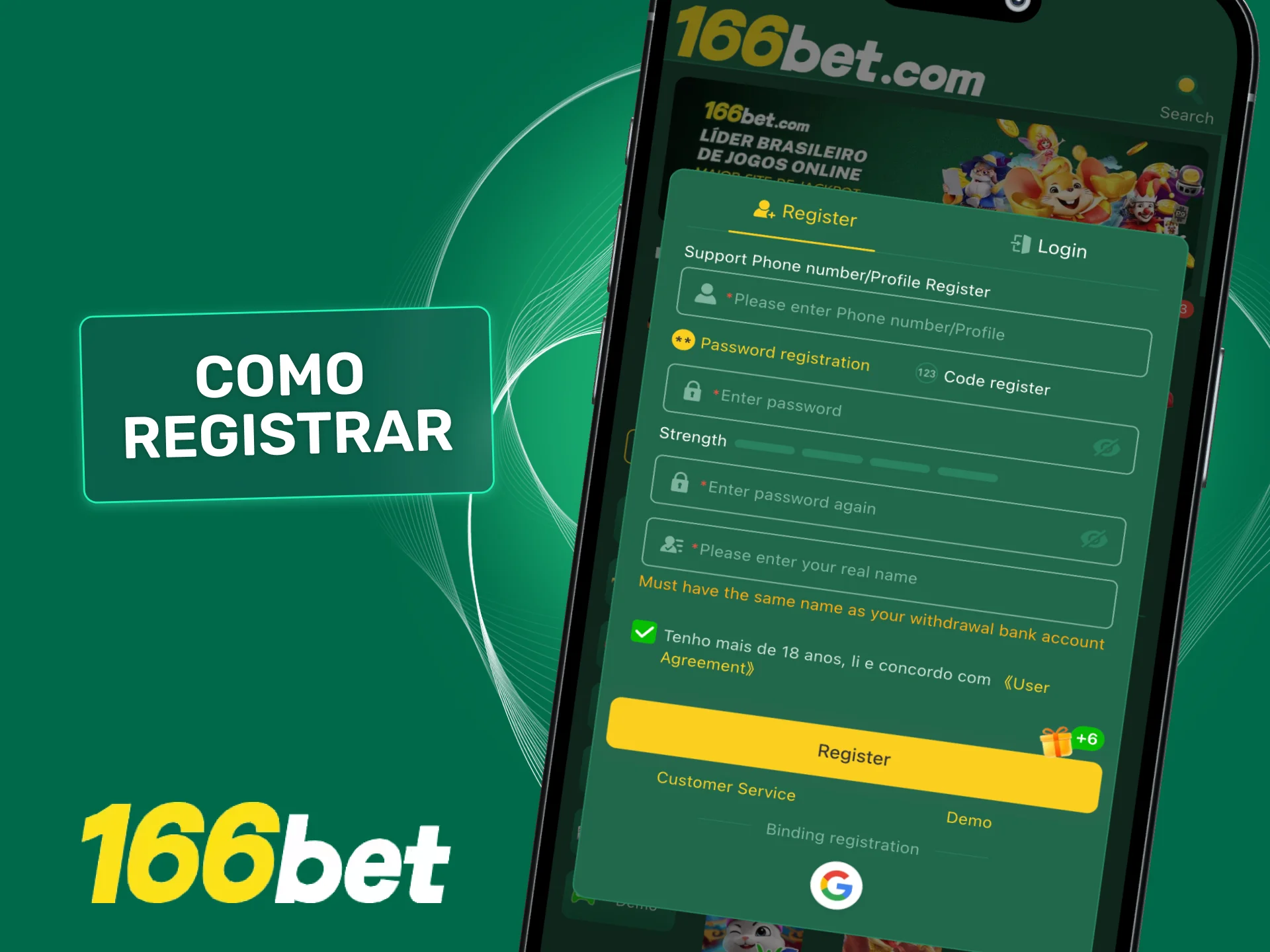 Registre sua conta no app 166bet em poucos passos e comece a apostar.