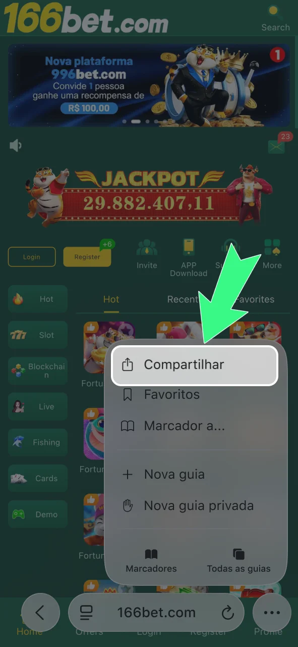 Toque em Compartilhar no Safari e adicione o atalho da 166bet ao iOS.