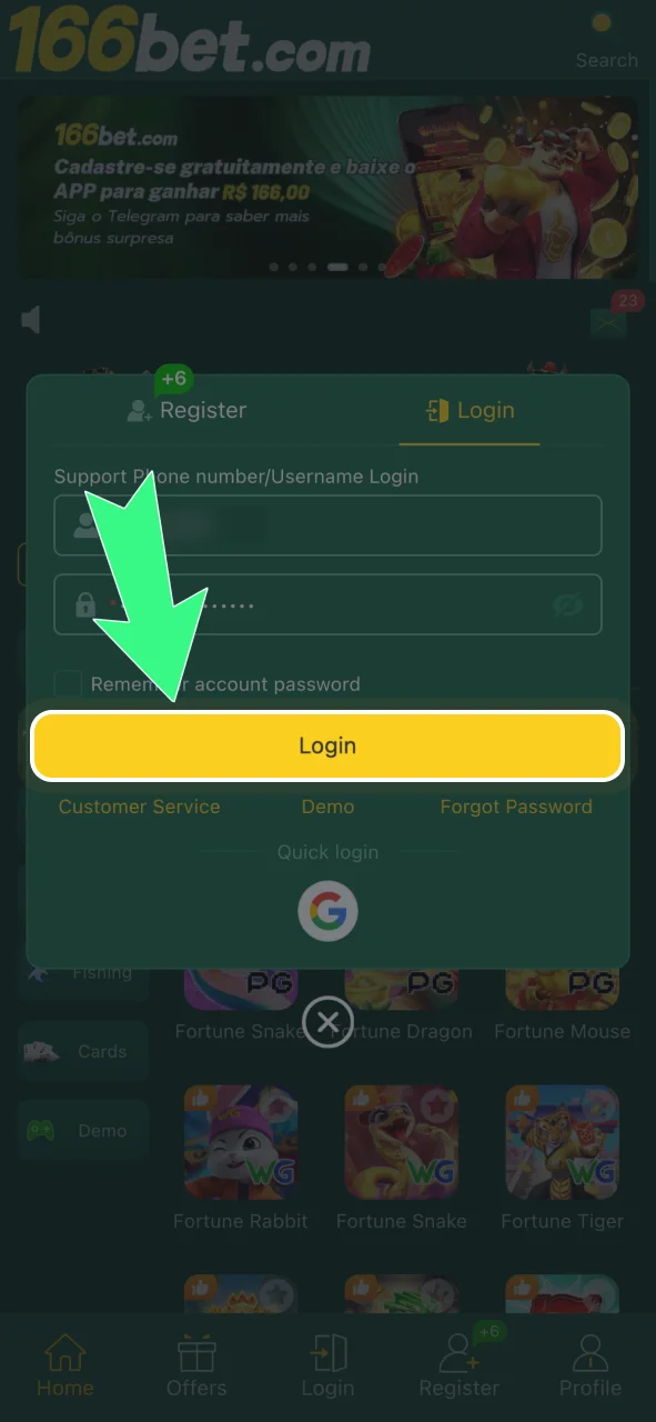 Confirme em Login e acesse o painel completo da sua conta 166bet.