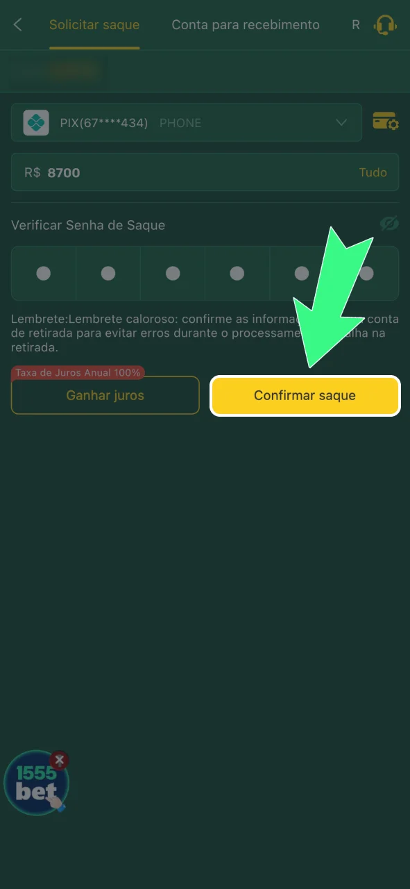 Confirme o saque na 166bet e acompanhe o processamento do pedido.