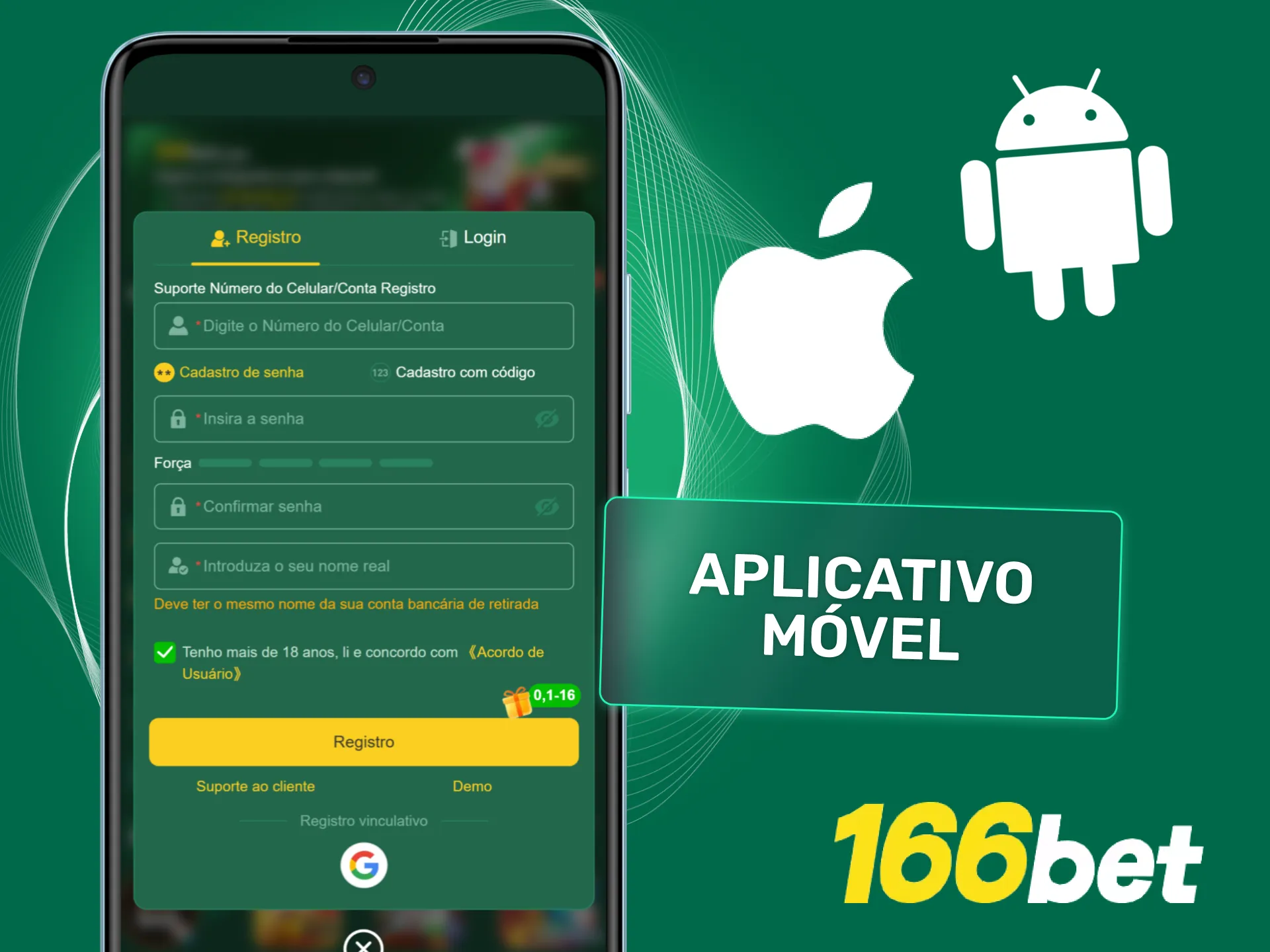 Crie uma conta no aplicativo móvel da 166bet.